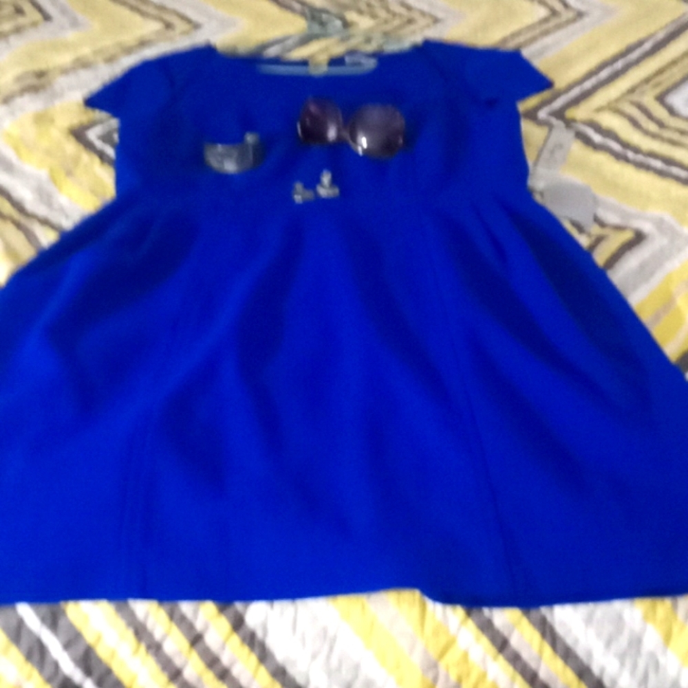 Royal blue knee-length dress with zipper and the back short sleeve.